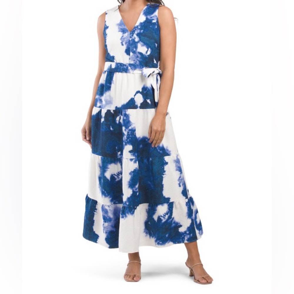 NWT DKNY White With Navy Print Metallic Belted Tiered Maxi Dress $138
